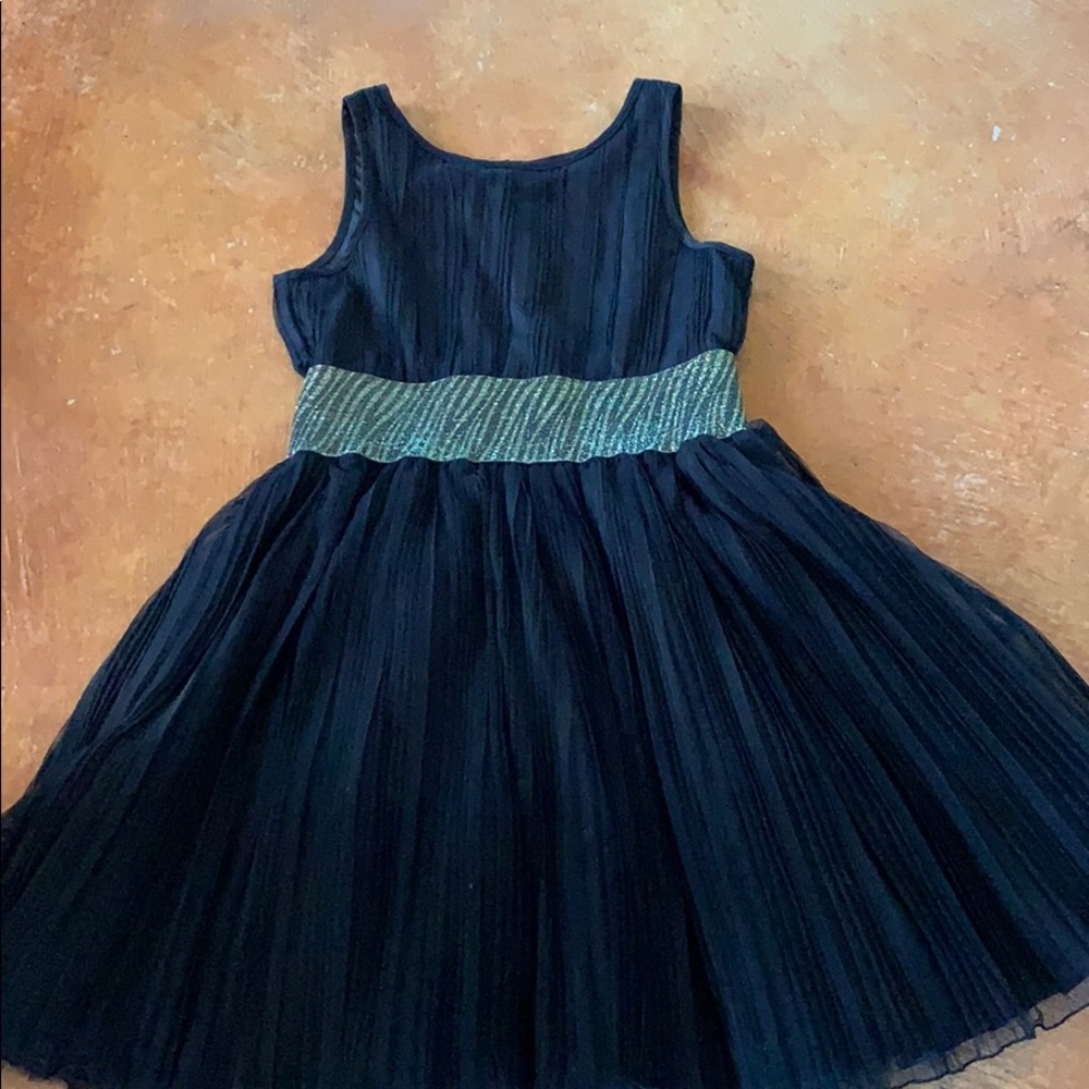 Girls black tulle dress with gold zebra belt.